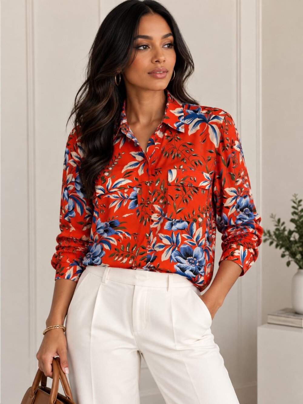 LOFT Red & Blue Floral Button-Down Blouse | Size Small